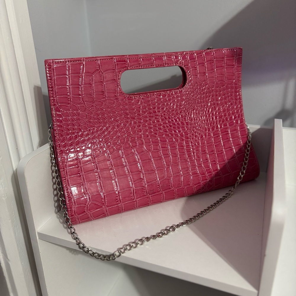 Pink Crocodile-Embossed Clutch Bag
